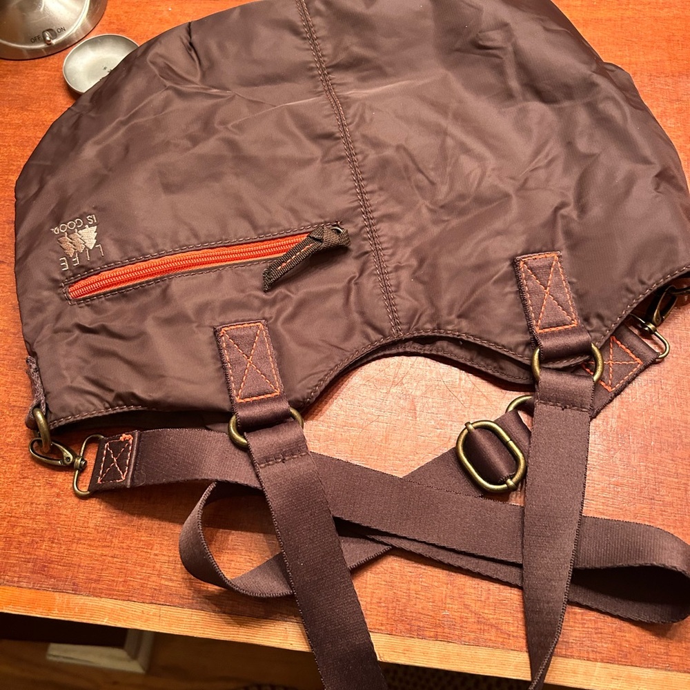 Life is Good nylon handbag – lined brown with orange accents – never used!